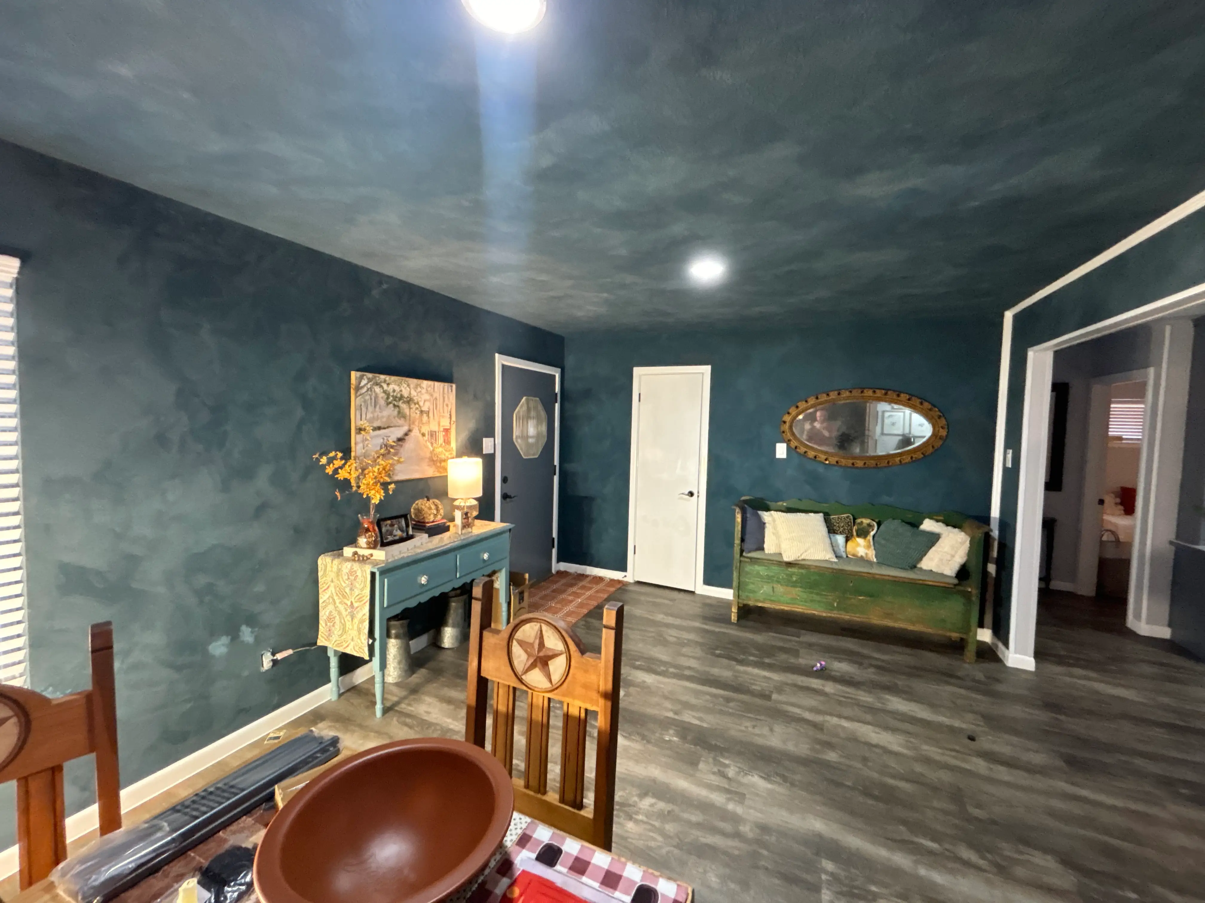 A limewashed interior wall, zero-VOC mineral finish