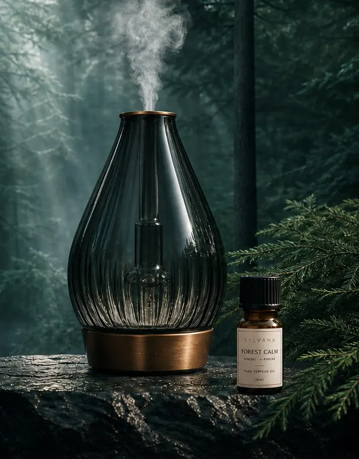 Sylvana whole-home diffuser in a forest, beside a bottle of Forest Calm pure terpene oil