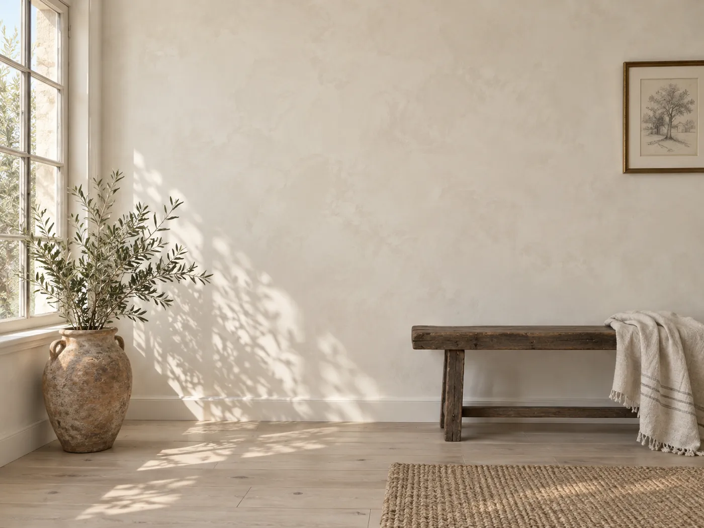 A wall finished in Chalk, a soft warm white limewash, showing the cloudy tonal movement lime gives in natural light.