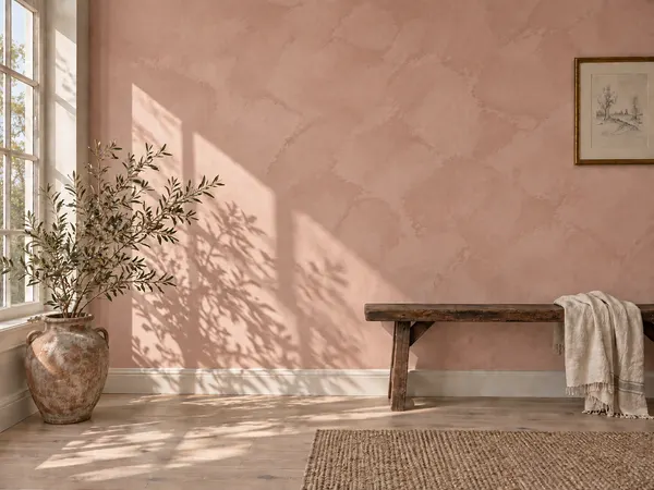 A wall finished in Rosa limewash.