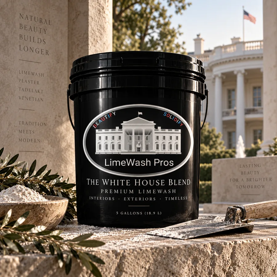 A five gallon pail of The White House Blend premium limewash by LimeWash Pros, on stone in front of the White House